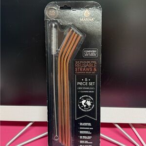 Manna Reusable Straws 5 Pc Rose Gold 18/8 Stainless Steel Bent 10.5 in Brush Set